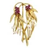 9ct gold ruby and pearl stylized flower brooch