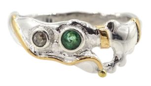 Silver and 14ct gold wire emerald and diamond ring