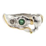 Silver and 14ct gold wire emerald and diamond ring