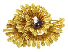 18ct gold three stone diamond and sapphire stylised flower brooch