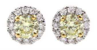 Pair of 18ct white gold round brilliant cut fancy yellow and white diamond cluster stud earrings