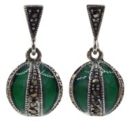 Pair of silver green plique-a-jour and marcasite pendant stud earrings