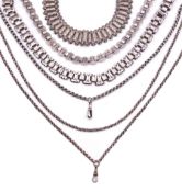 Victorian silver jewellery including collar necklace with engraved foliate decoration