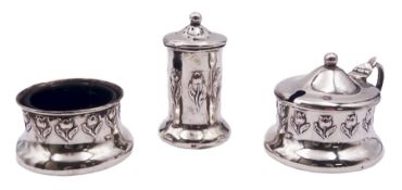 Art Nouveau three piece silver cruet set