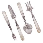 Edwardian silver and mother of pearl handled four piece afternoon tea set
