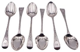 Set of six Georgian matched Old English pattern teaspoons with bright cut engraved decoration