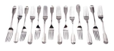Fourteen George IV provincial silver Fiddle pattern dessert forks