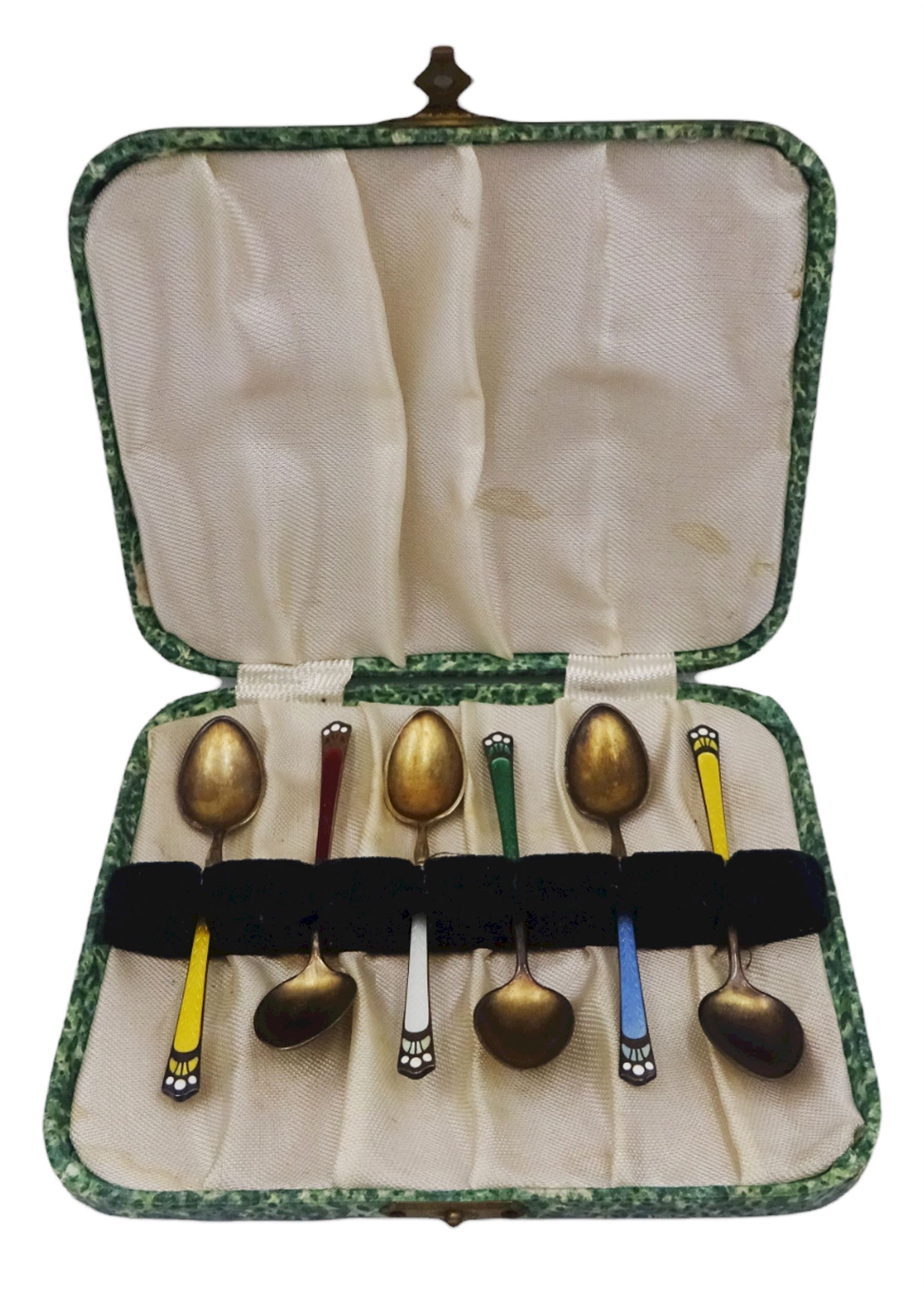 Set of six early 20th century Norwegian silver gilt and enamel coffee spoons