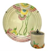 Clarice Cliff plate decorated in the Rhodanthe pattern in pink
