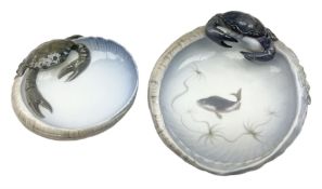 Pair of Royal Copenhagen bowls by Erik Nielsen modelled as baskets and mounted with crabs