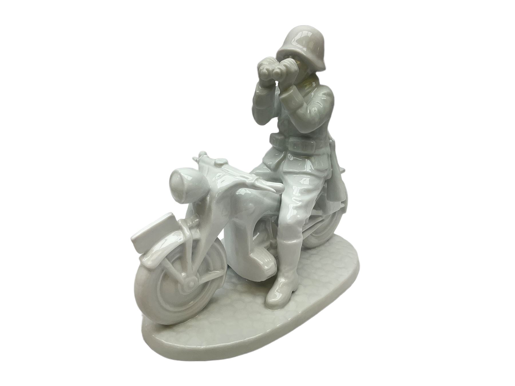 Neundorf figure modelled as a soldier seated upon a stationary motorcycle looking through binoculars - Image 7 of 8