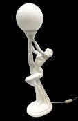 Art Deco style lamp modelled as a nude female dancer supporting white globe shade with draped folds