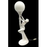 Art Deco style lamp modelled as a nude female dancer supporting white globe shade with draped folds