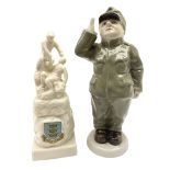 Royal Dux figure of a saluting soldier and Willow Art Crested ware Hull soldiers war memorial c1903