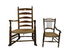 19th century elm rocking chair with rush seat and a 19th century child's chair
