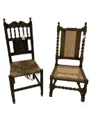 Early oak barley twist chair and a carved chair