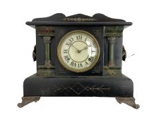 American wooden cased mantle clock striking the hours on a gong and half hours on a bell. With pendu