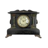 American wooden cased mantle clock striking the hours on a gong and half hours on a bell. With pendu