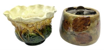 Bretby jardiniere with impressed mark beneath together with Royal Doulton stoneware ovoid tobacco ja