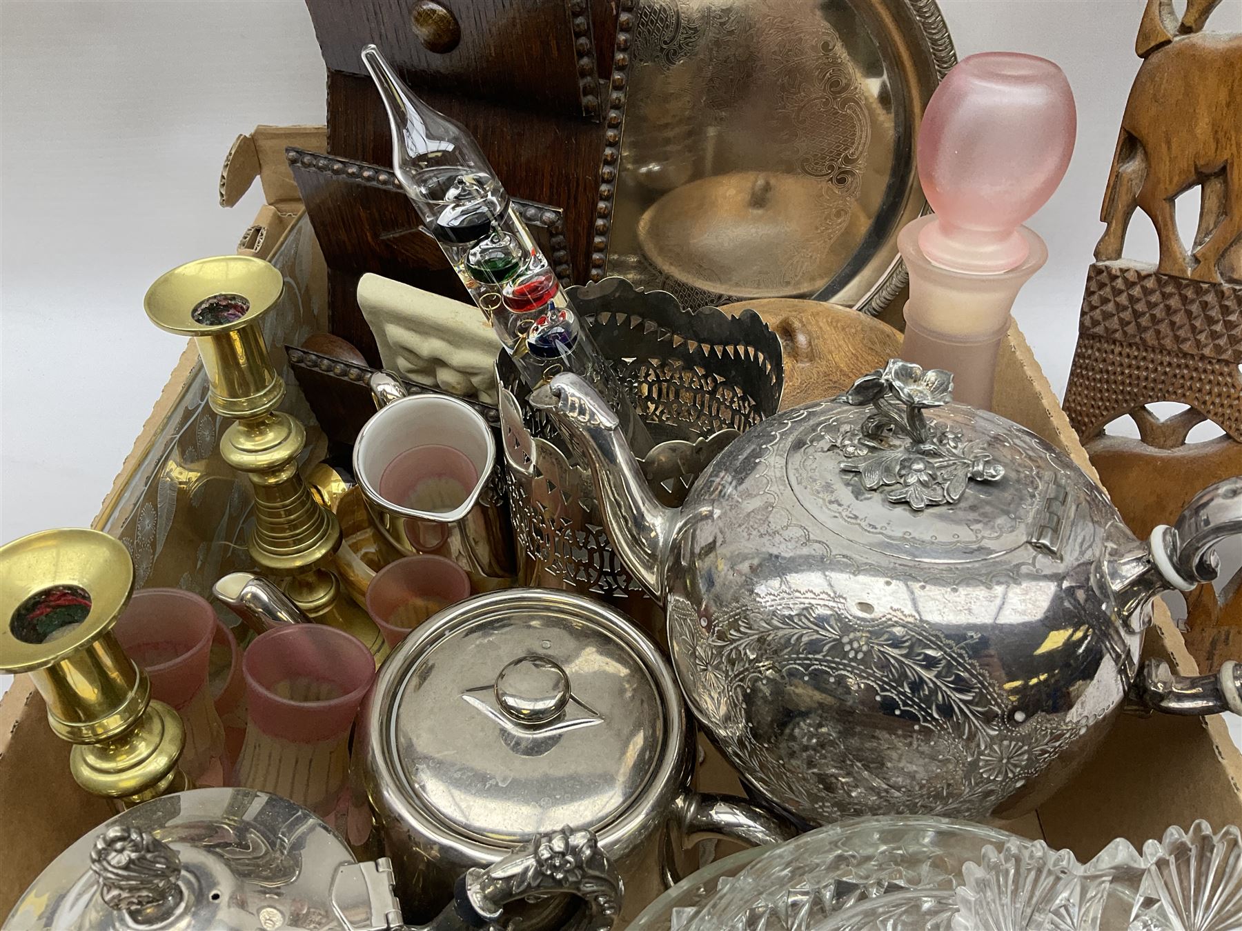 Wall mounted three tier letter rack silver-plated and other metalware to include brass candlesticks - Image 3 of 7