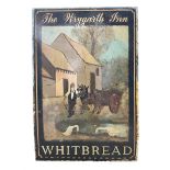 Whitbread painted white metal pub sign for The Wrygarth Inn