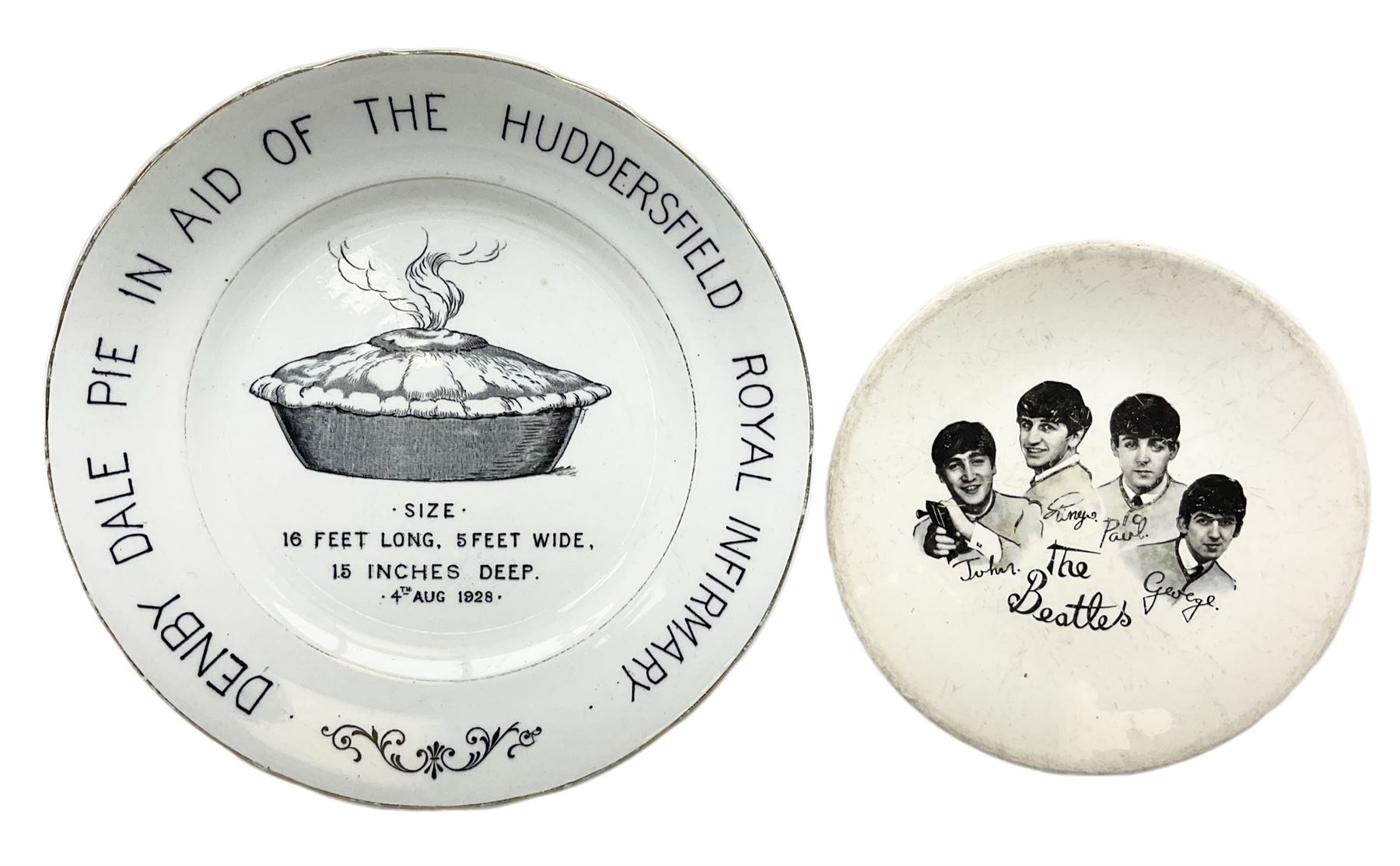 Early 20th century commemorative plate depicting a black transfer image of a steaming pie with text