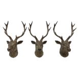 Three composite wall mounted stag heads with antlers