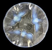 Opalescent glass dish moulded with three birds in flight around central flower