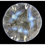 Opalescent glass dish moulded with three birds in flight around central flower