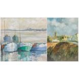 Ethel Blackburn (British 1907-2005): 'Scarborough Castle' and Moored Ships