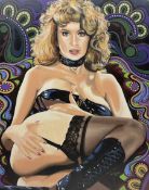David Kettley (British Contemporary): Erotica Portrait of a 1980s Dominatrix in a Psychedelic Backgr