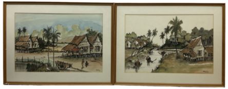 Larry Nunis of Malacca (Malaysian 20th century): Malaysian River Landscape with Houses and Figures