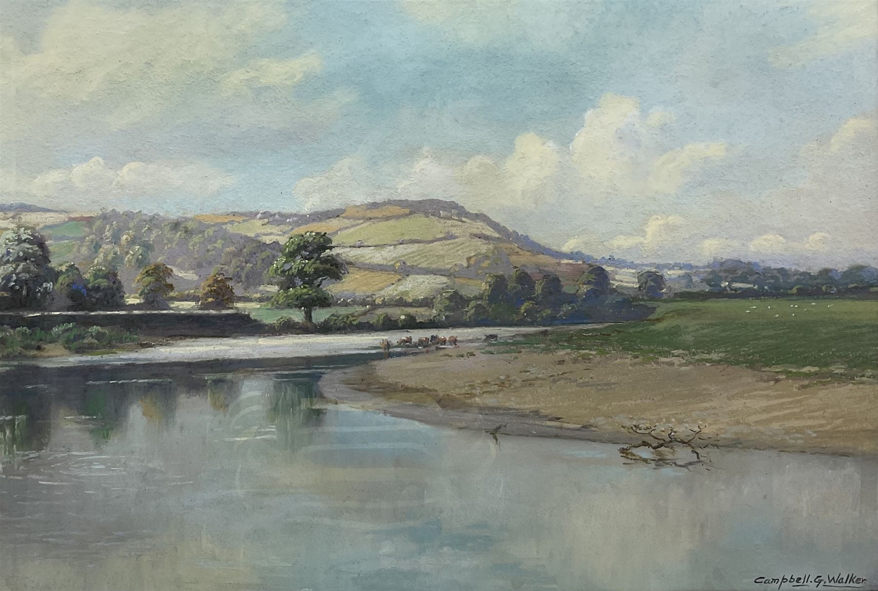 Campbell G Walker (British 20th century): River Landscape with Cattle Watering