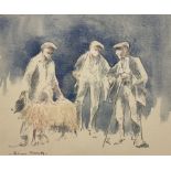 Brian Irving (British 1931-2013): Three Shepherds with Sheep