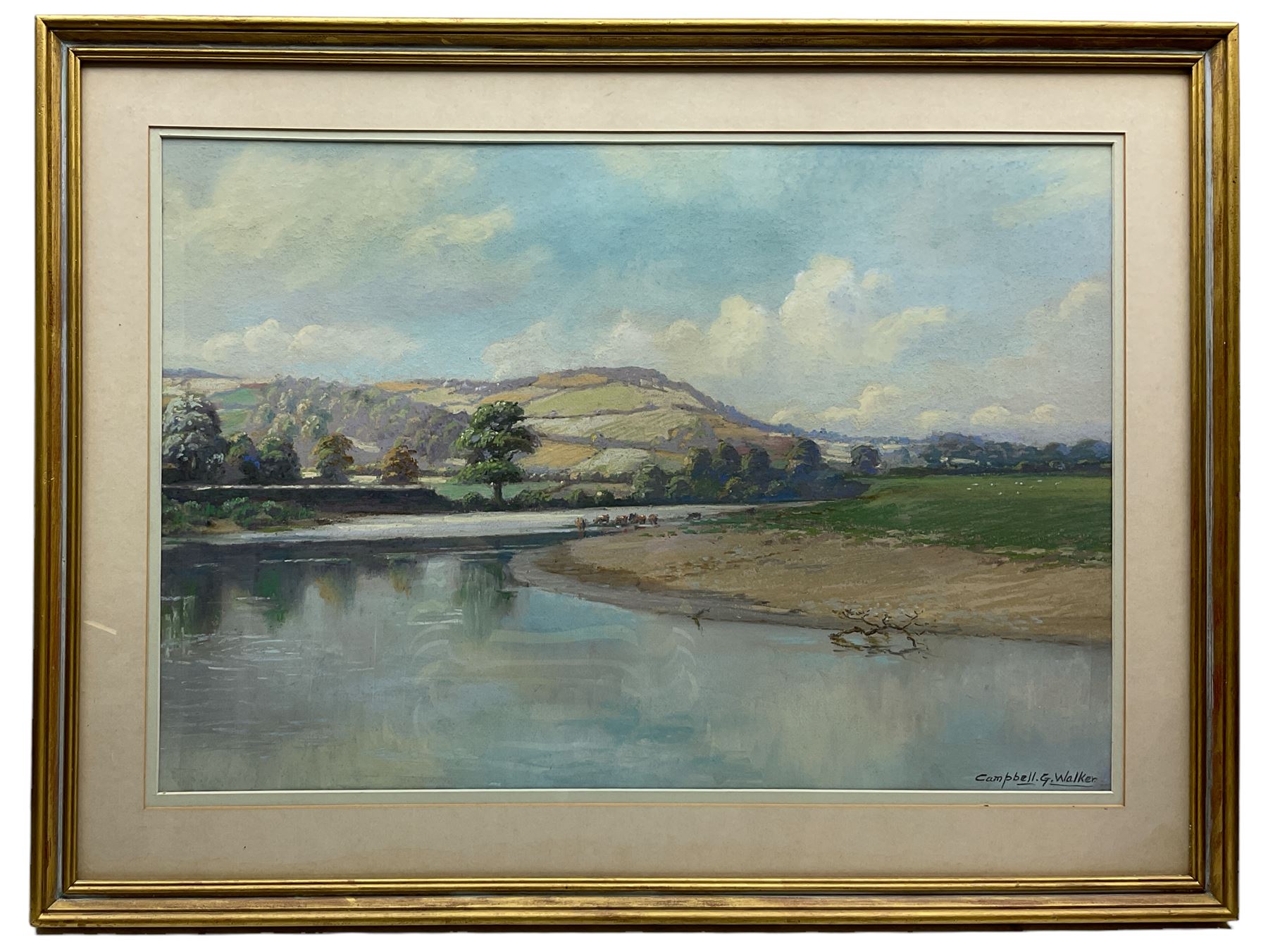 Campbell G Walker (British 20th century): River Landscape with Cattle Watering - Image 2 of 2