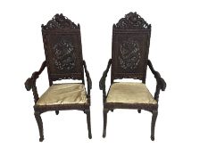 Pair early 20th century Indian Kashmiri hardwood armchairs