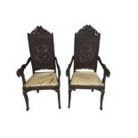 Pair early 20th century Indian Kashmiri hardwood armchairs