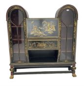 Early 20th century black lacquered and Chinoiserie decorated bureau bookcase