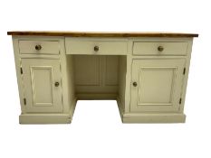 Rustic waxed pine and painted pedestal desk or sideboard