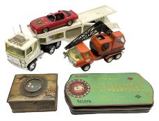 American Nylint large scale tin-plate car transporter L59cm carrying a Testor Toys plastic car; Tonk