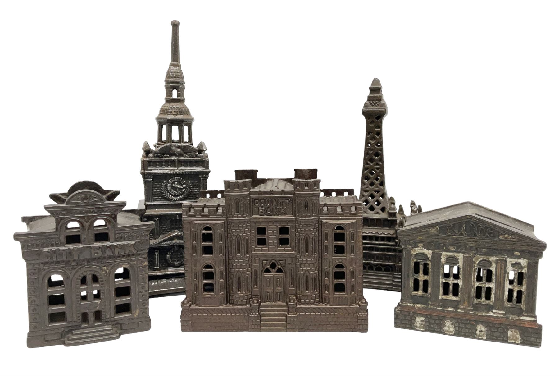 Five early 20th century cast-iron money banks as buildings - 'City Bank' c1904 H10cm; 'County Bank'