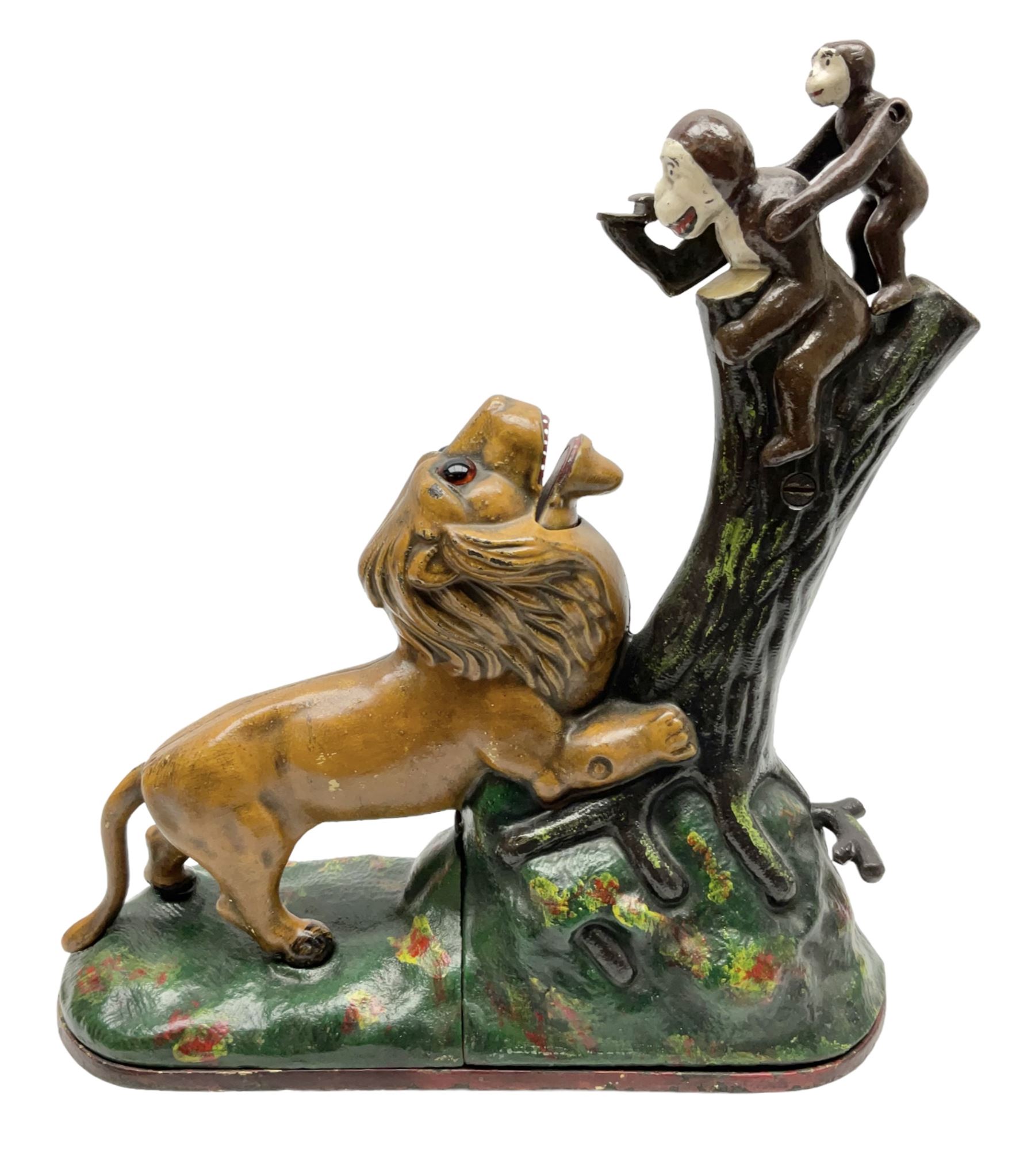 Late 19th century cast-iron mechanical money bank 'Lion and Two Monkeys' by Kyser & Rex with impress