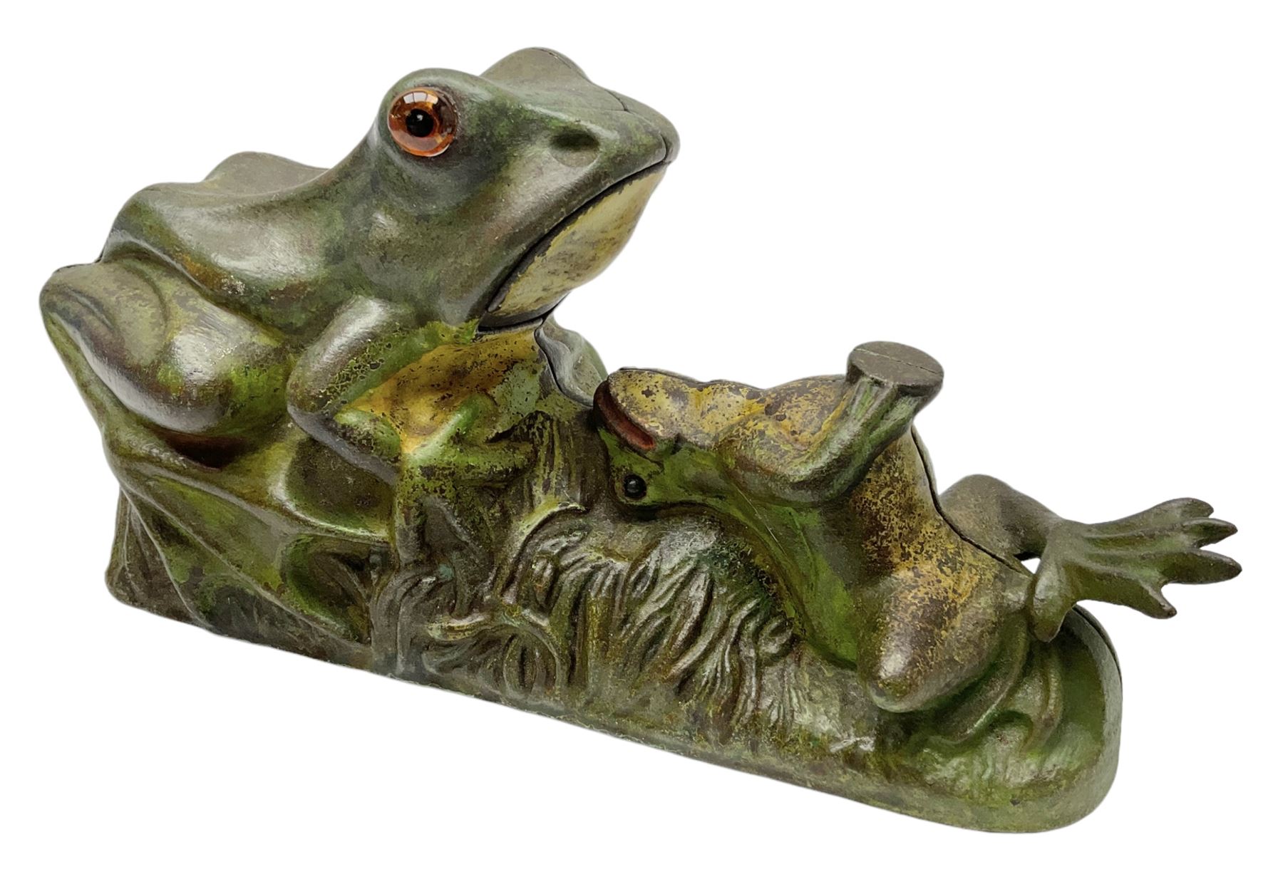 Late 19th century cast-iron mechanical money bank ' Two Frogs' by J & E Stevens & Co; patented 8th A