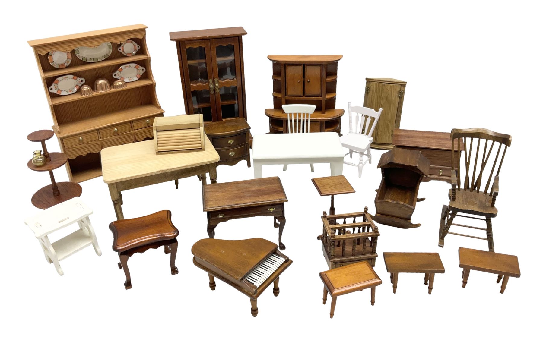 Doll's house wooden furniture - over twenty items including good quality pine Welsh dresser by Tony