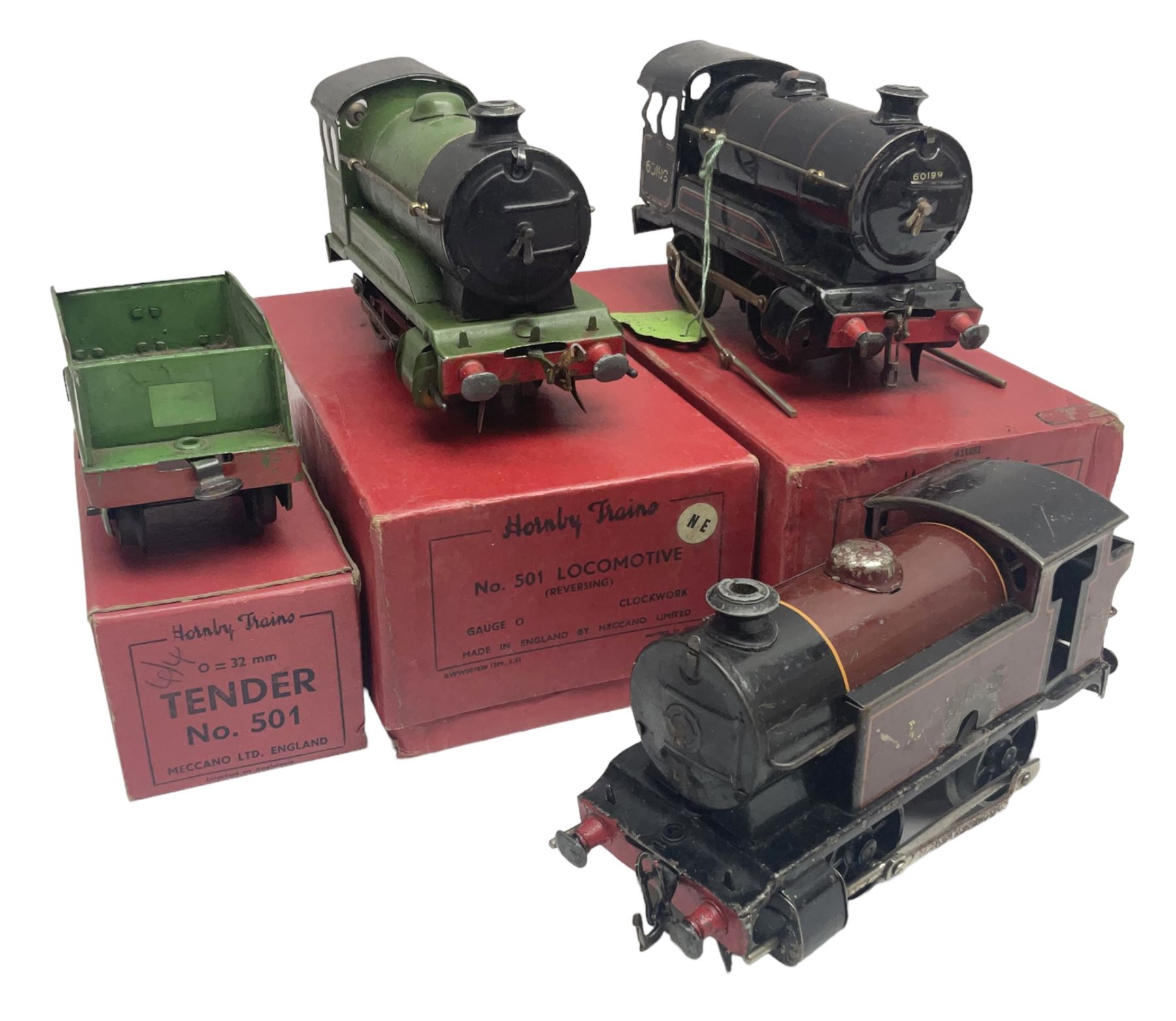 Hornby '0' gauge - No.501 clockwork 0-4-0 locomotive No.1842; boxed; No.501 Tender; boxed; No.101 cl