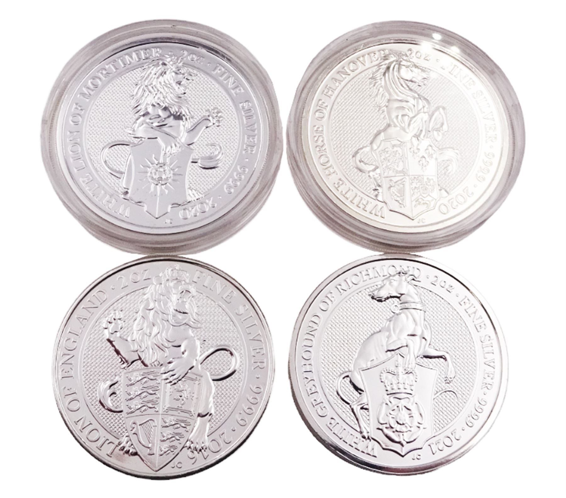Four Queen Elizabeth II 2 ounce fine silver five pound coins