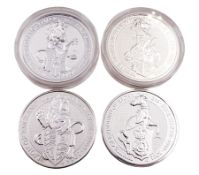 Four Queen Elizabeth II 2 ounce fine silver five pound coins