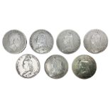 George III 1819 crown coin and six Queen Victoria crown coins dated 1889