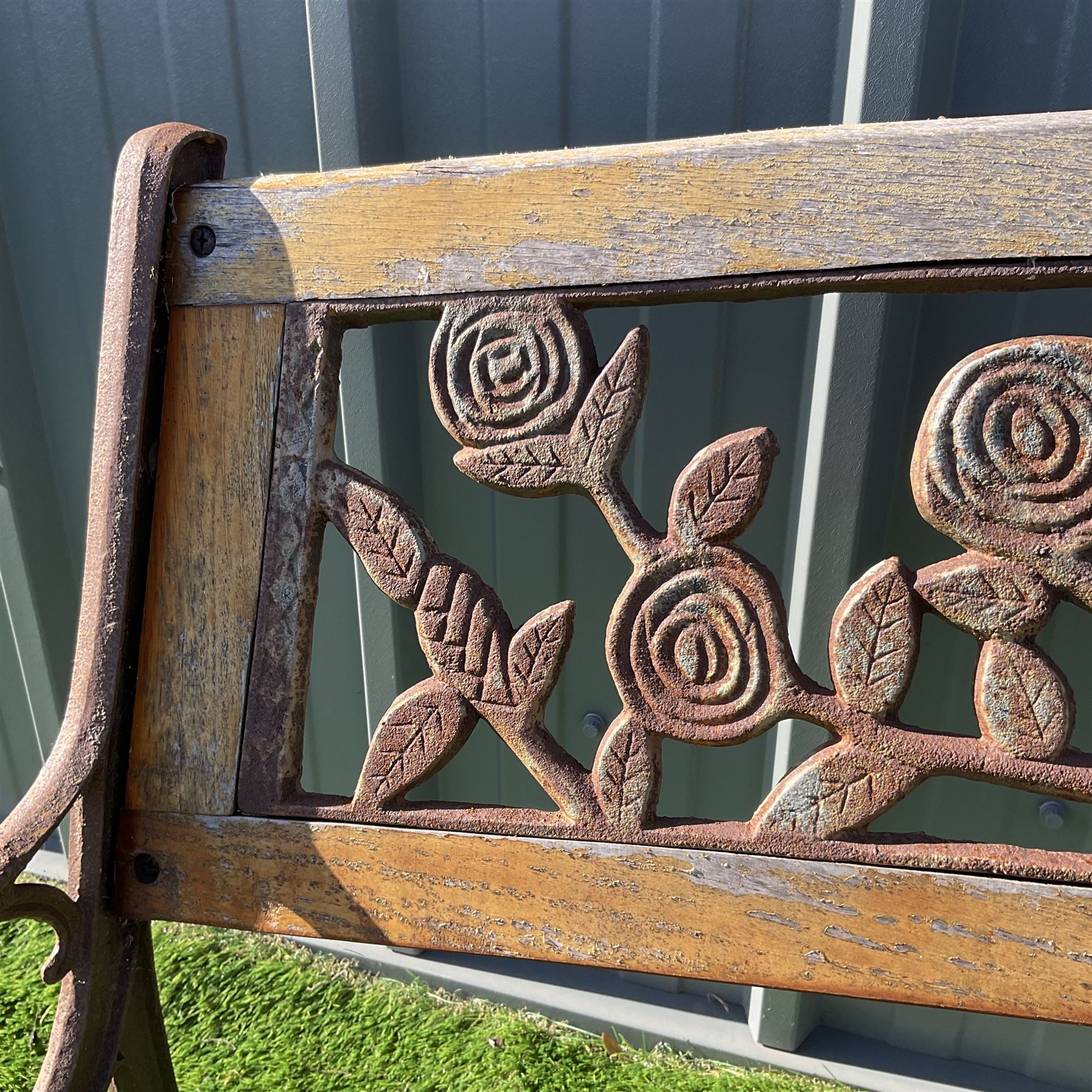 Cast iron an wood slat bench with rose design back rest - Image 4 of 5