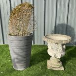 Cast stone urn planter and moulded plastic